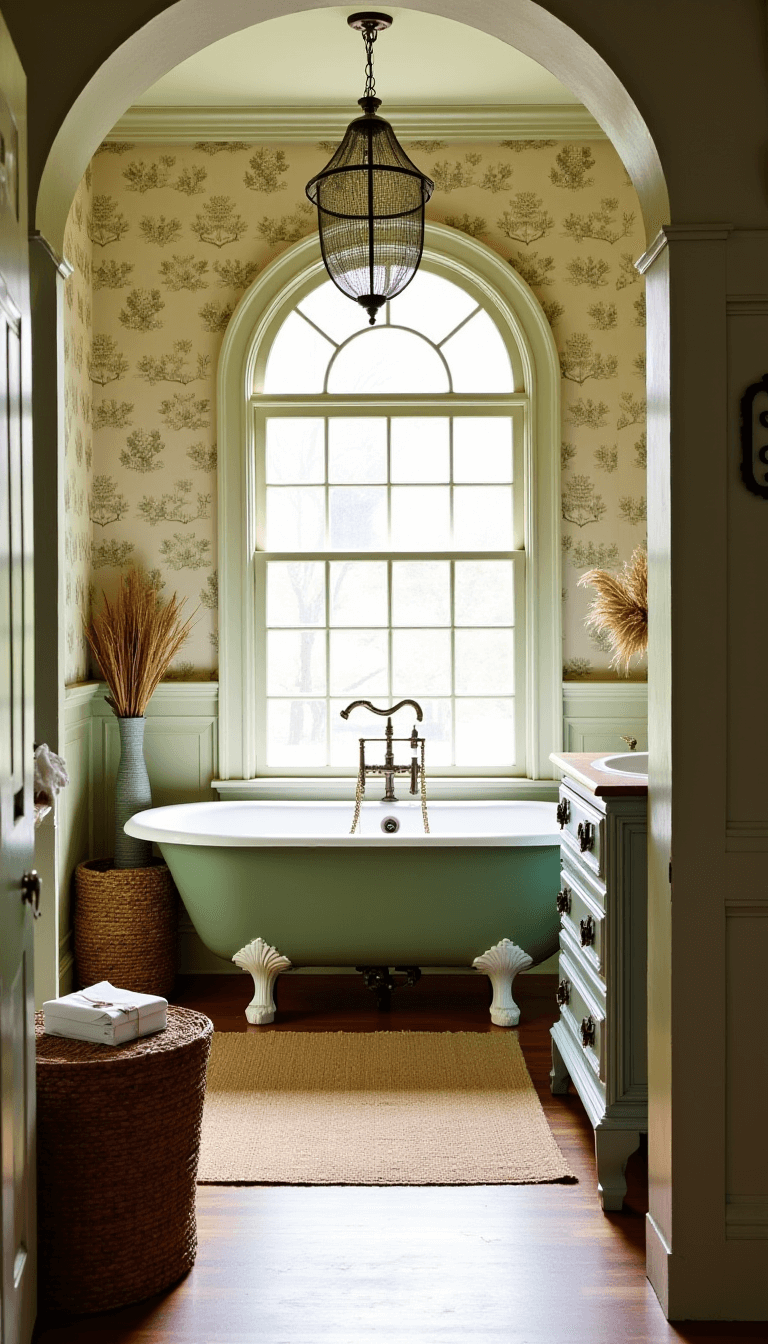 Vintage master bathroom with sage green clawfoot tub, botanical wallpaper, and a farmhouse sink on a repurposed antique dresser, illuminated by morning light through an arched window.
