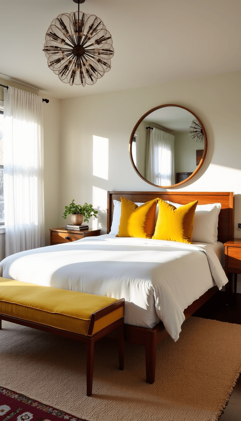 Primary suite with sun casting dramatic shadows, featuring a low-profile rosewood bed topped with white linens and mustard yellow velvet pillows, an original George Nelson bench, oversized circular mirror, sputnik chandelier, a vintage kilim rug over sisal, floating walnut veneer bedside tables, captured at golden hour with ambient practical lighting at f/2.8 for depth of field.