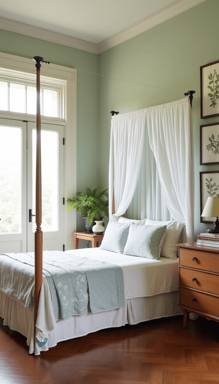 Spacious main bedroom with herringbone hardwood floors, canopy bed with vintage linens, and French doors opening to a garden view in early morning mist.