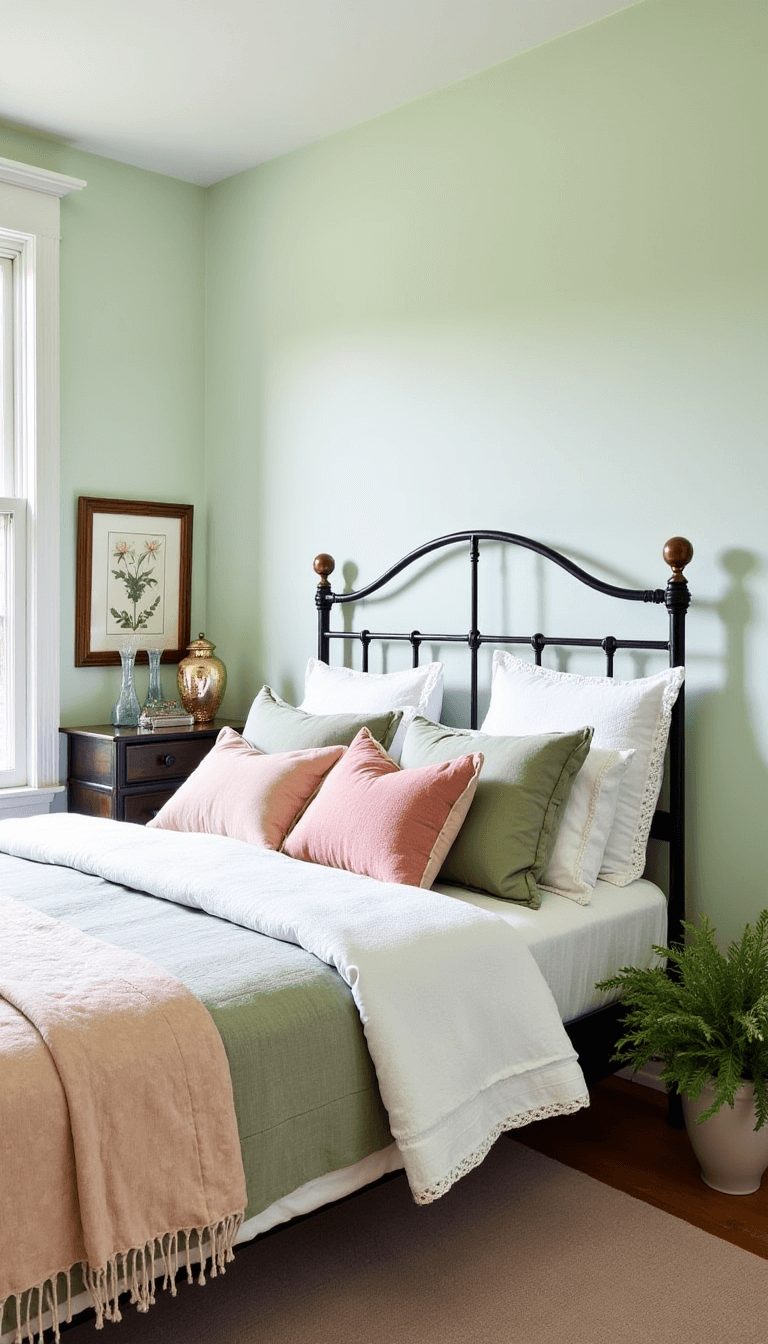 Bright mullioned windows light up 11x13' guest bedroom with mint walls and antique furnishings, including a curved metal bed adorned with layers of eyelet linens, patchwork quilts and peach and sage velvet pillows.