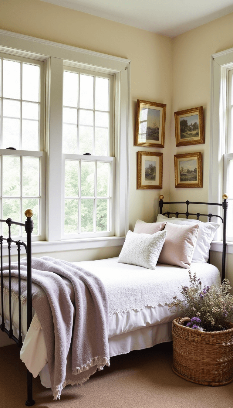 Vintage-styled cottage bedroom with cream-colored walls, ornate iron bed adorned with wheat-colored and lavender linens, wicker baskets filled with dried flowers, and gilt-framed pastoral scenes hung on the wall, illuminated by afternoon sunlight.