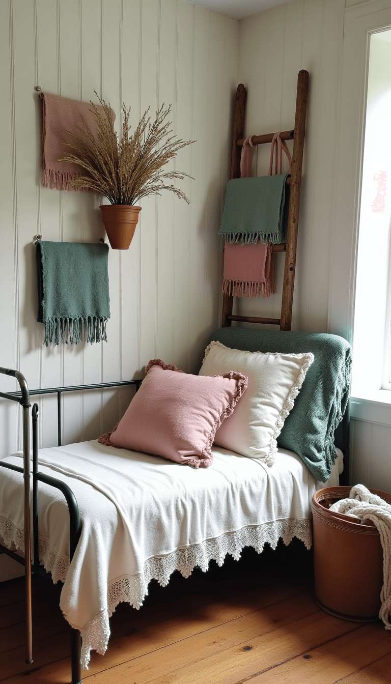 Vintage-style bedroom corner with iron daybed, antique ladder with quilts, and hanging terra cotta pots with dried flowers in soft afternoon light.