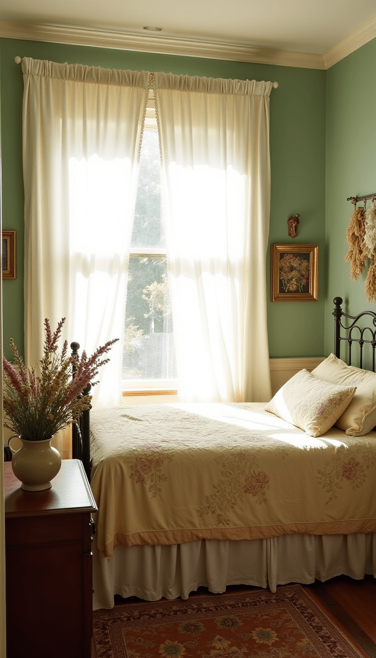 Sunlit vintage-style bedroom with high ceilings, sage walls, Victorian iron bed with layered quilts, an antique vanity, and botanical decorations, captured in a soft morning light.