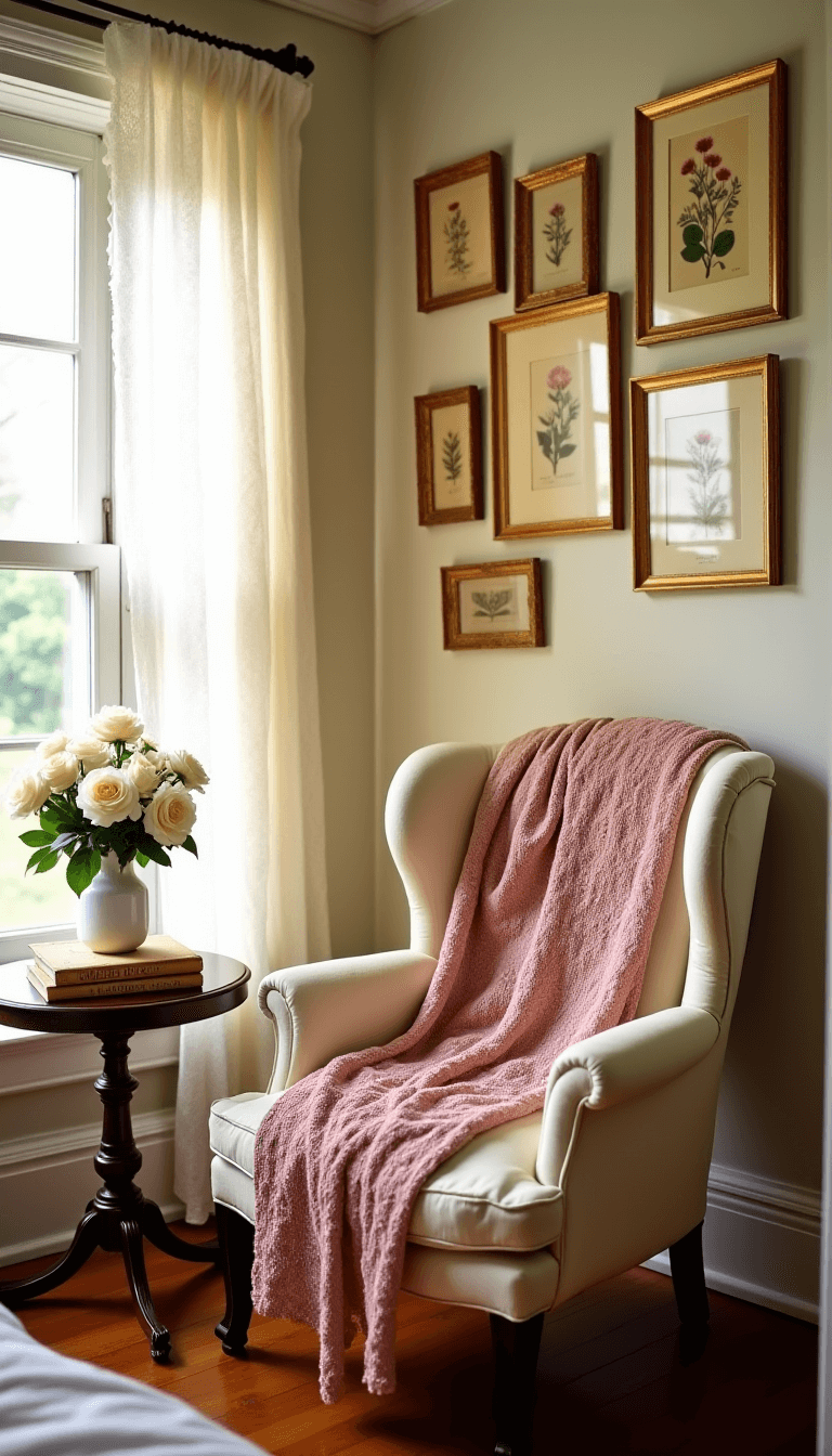 Cozy bedroom corner with a cream wingback chair, gilded botanical prints, vintage books and roses on a wooden table, lit by afternoon light through a bay window.