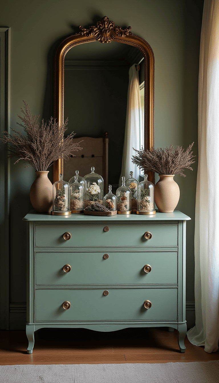 A vintage-inspired bedroom at dusk featuring an antique sage green dresser with brass hardware, mirror reflecting the fading light through gossamer curtains, vintage perfume bottle collection, pressed flower specimens under glass domes, along with dried lavender and roses in rustic vessels. Cream heavy linen bedding visible in the background.