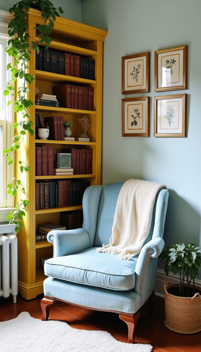 Brightly lit reading nook with Victorian bamboo bookshelf, powder blue velvet armchair, hand-knit cream wool throw, and decorative plant in a 12x12ft bedroom during mid-morning light