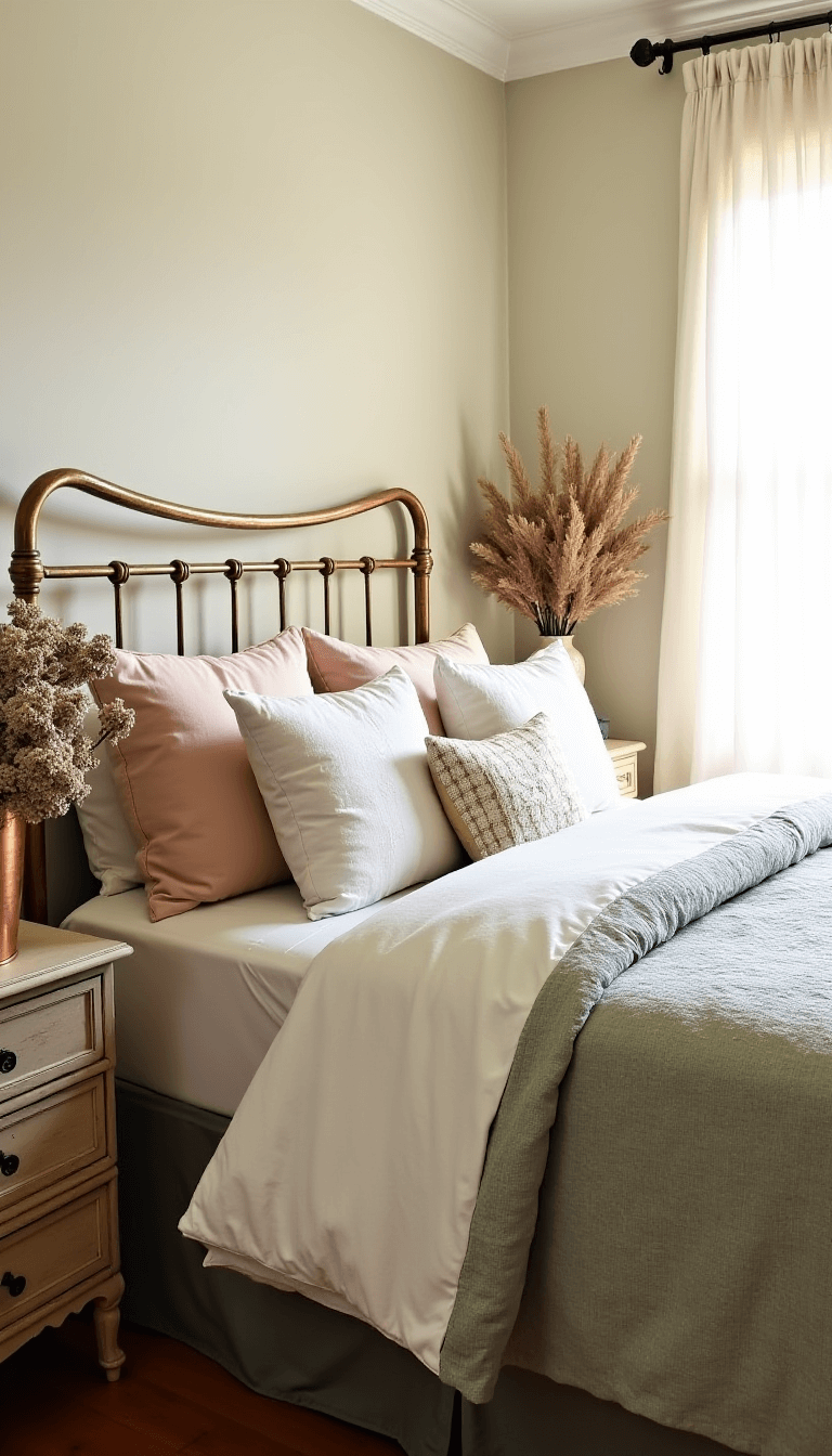 Dawn light illuminating a 14x16ft bedroom with antique brass bed covered in sage, blush, and cream vintage quilts, Belgian linen duvet, and crochet throw pillows on a weathered bedside table with dried hydrangeas in a copper vessel