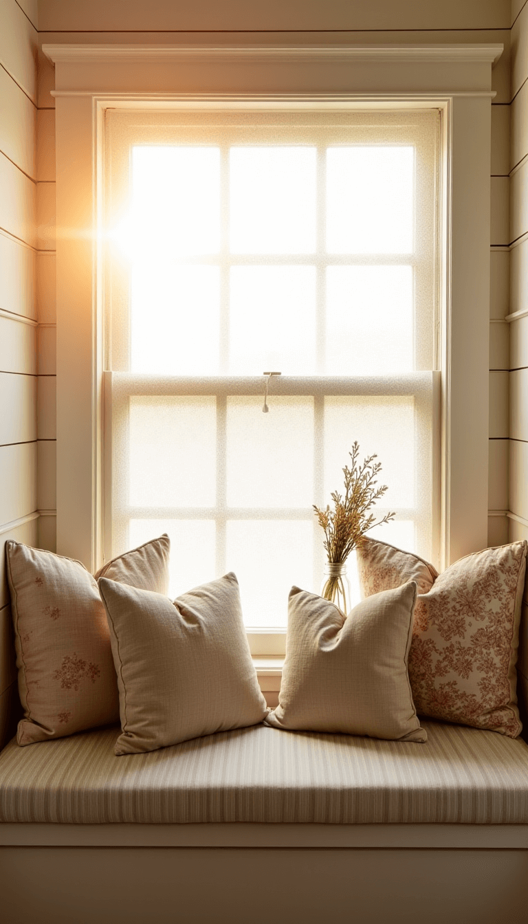 Cozy window seat with vintage stripe cushion and handmade floral pillows in a small bedroom alcove bathed in afternoon golden light, with lace curtains, white painted shiplap walls, and mason jars of wildflowers on the windowsill
