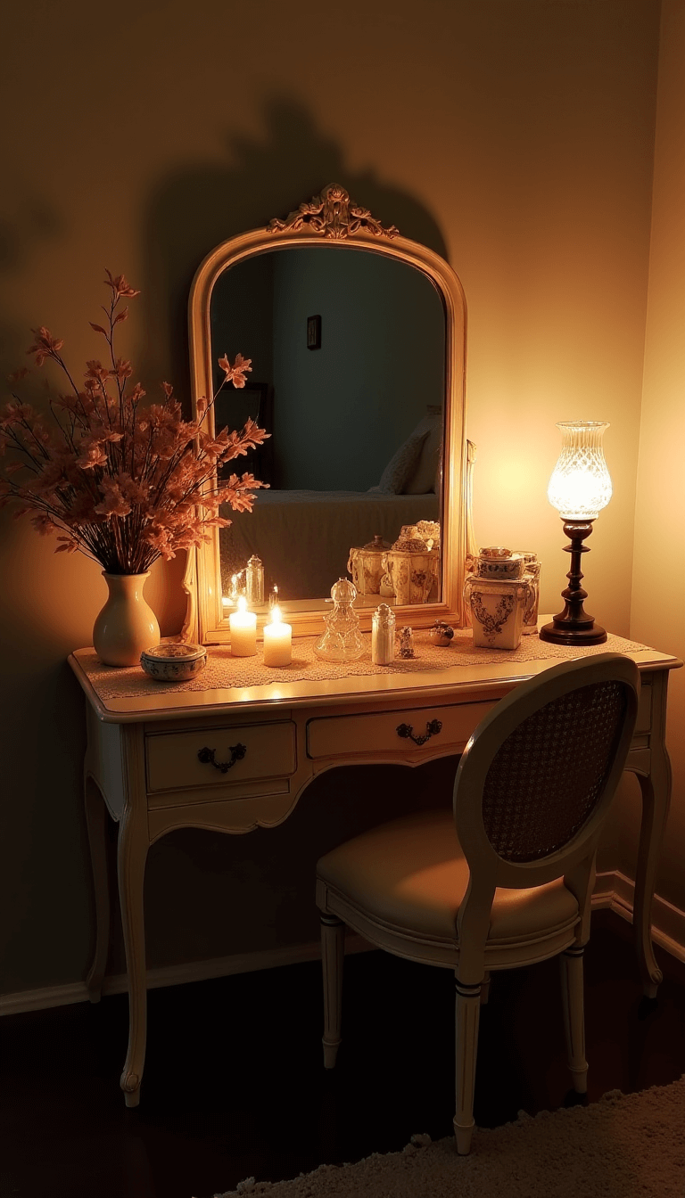 Vintage French provincial dressing table and bamboo-backed chair in a romantic 12x14ft bedroom at twilight, illuminated by candlelight reflected in a mirror, with a collection of mercury glass, porcelain trinket boxes, and dried roses adding charm, and a lace runner providing delicate detail.