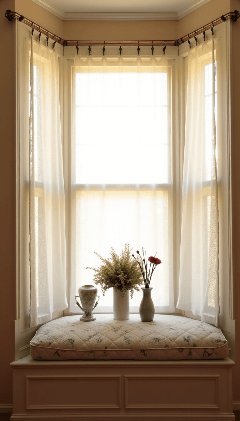 Sunrise illuminates a serene 14x16ft bedroom featuring vintage lace curtains around bay windows, casting shadow patterns on pale blush walls, with botanical print quilted cushion on window seat and vintage vessels with flowers on the sill.