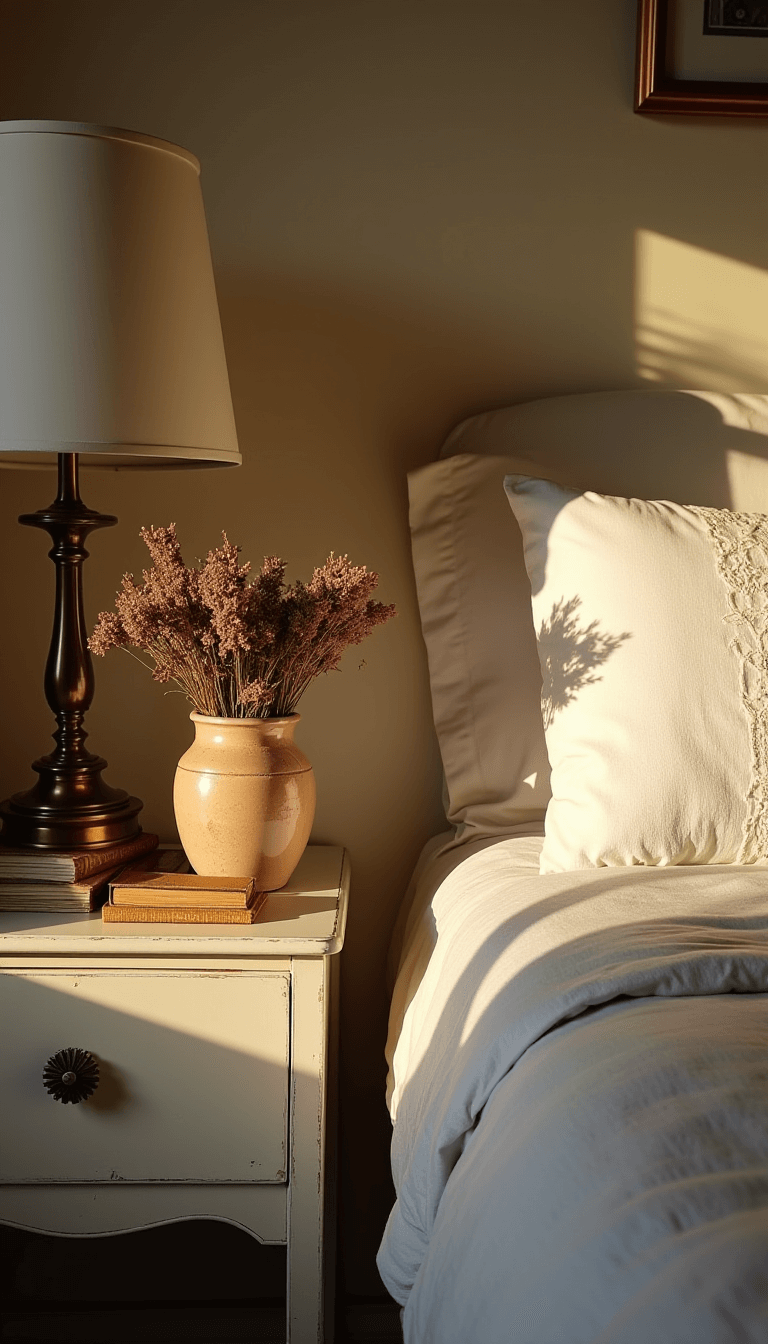 Vintage-styled bedroom with brass lamp, antique books, and dried botanicals on a white nightstand, adjacent bed with vintage quilt and embroidered pillowcases during golden hour