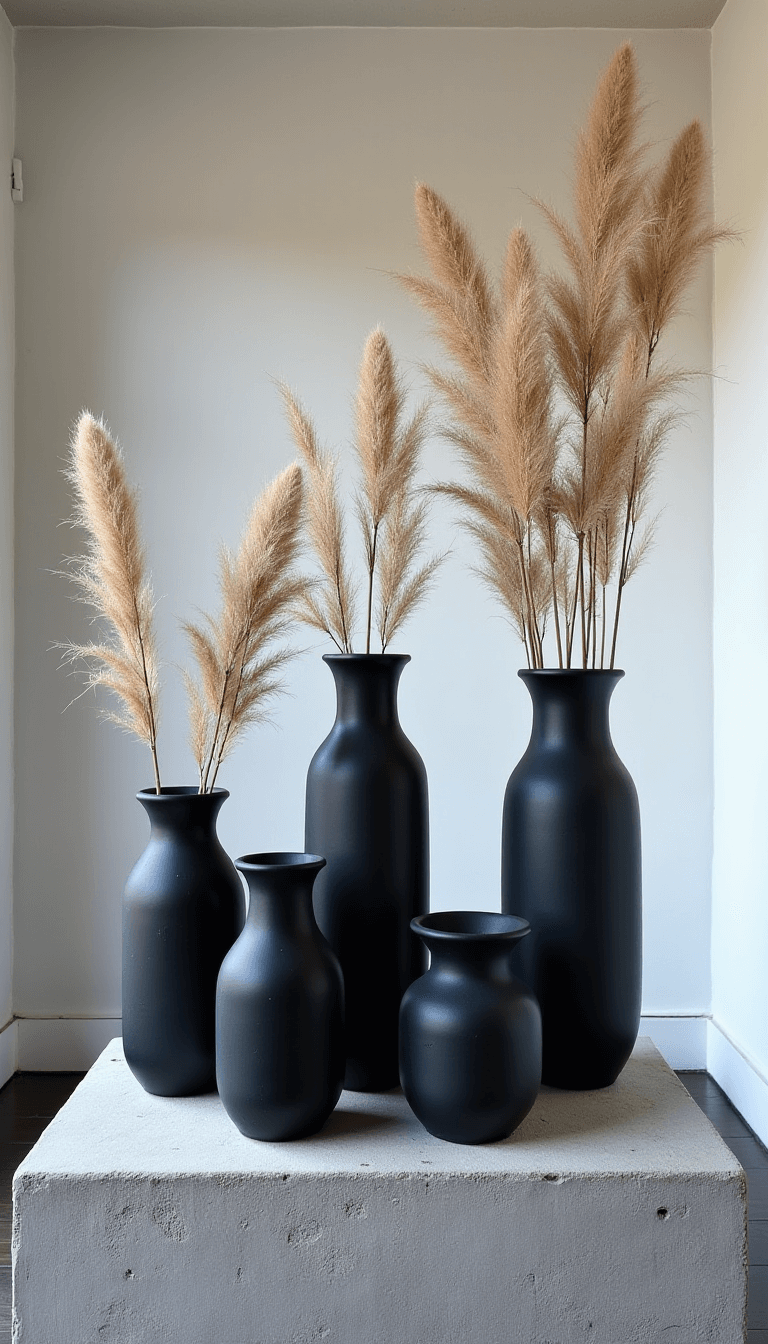 Artistic sunroom with whitewashed brick walls showcasing a collection of graduated Japandi vases on a distressed concrete plinth, each with a single stem of dried lunaria, under mixed natural/artificial lighting during blue hour.
