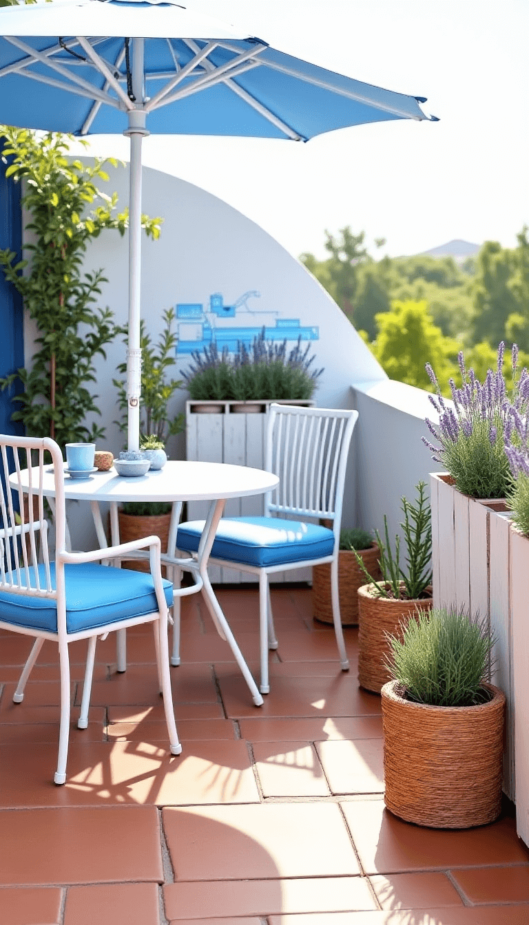 Mediterranean-style terrace during late morning with terracotta floor tiles, white metal bistro set with azure blue cushions, matching market umbrella, white wooden planters filled with lavender and rosemary, a painted tile mural, and woven beach grass baskets.