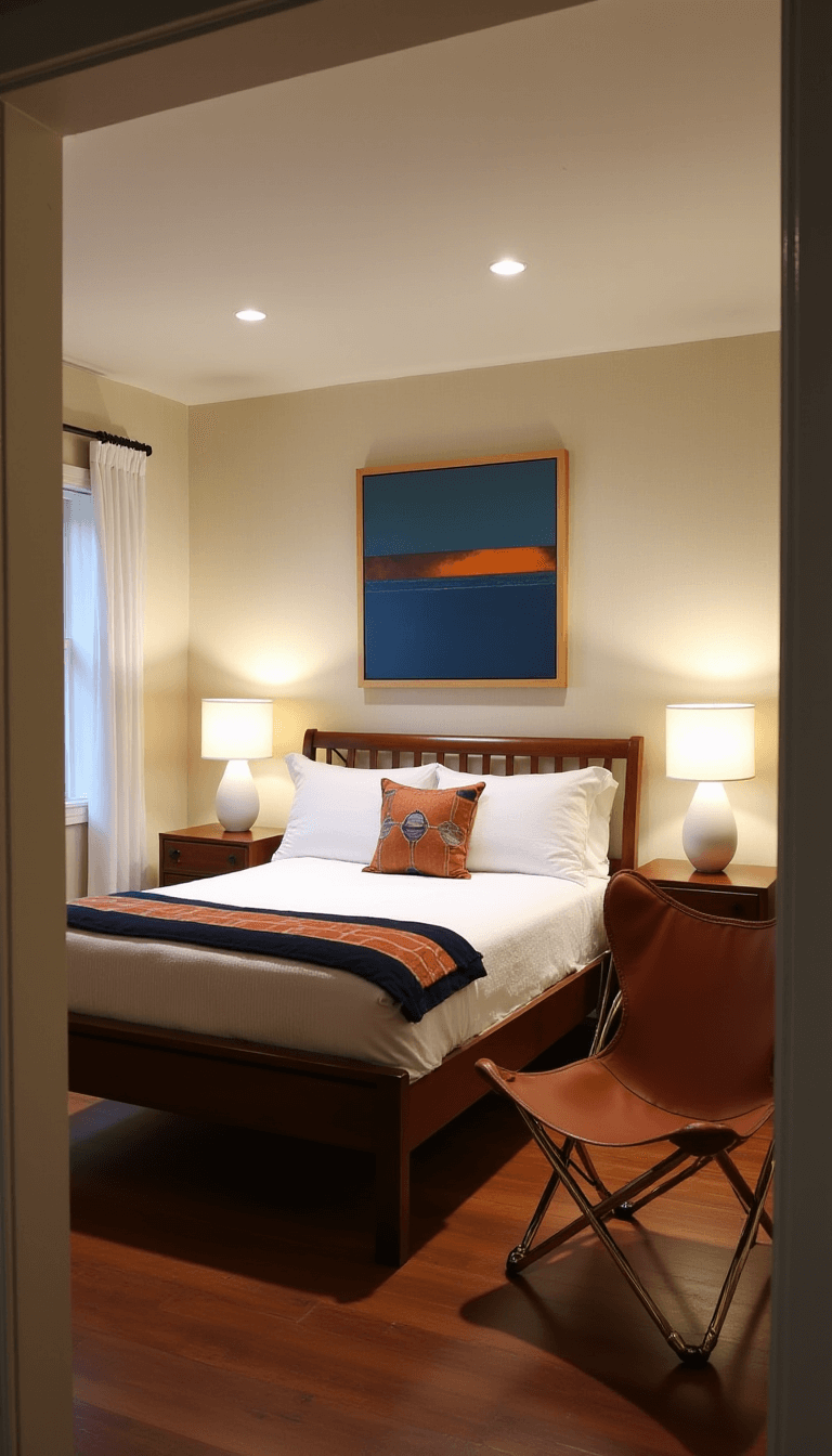 1960s styled guest bedroom at dusk featuring walnut spindle bed with white linens, tan leather butterfly chair, brass floor lamp, teak nightstands, and abstract art.