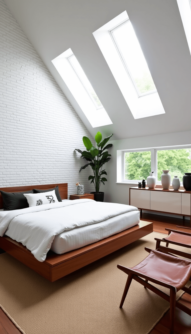 Bright, sunlit 15x17ft primary bedroom with architectural clerestory windows, walnut bed with floating side tables, vintage leather chairs on jute rug, and a minimalist dresser with ceramic vessels. An oversized philodendron is present, with natural light emphasized.