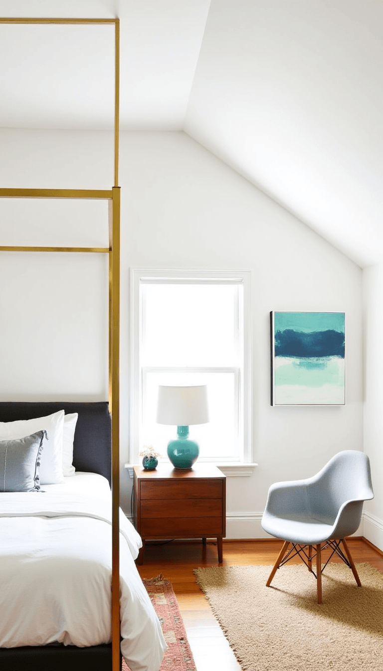 Airy bedroom with high ceilings, brass canopy bed, vintage walnut nightstands, seafoam green ceramic lamps, Eames chair, abstract art, layered Moroccan and jute rugs, with morning light creating an ethereal glow.