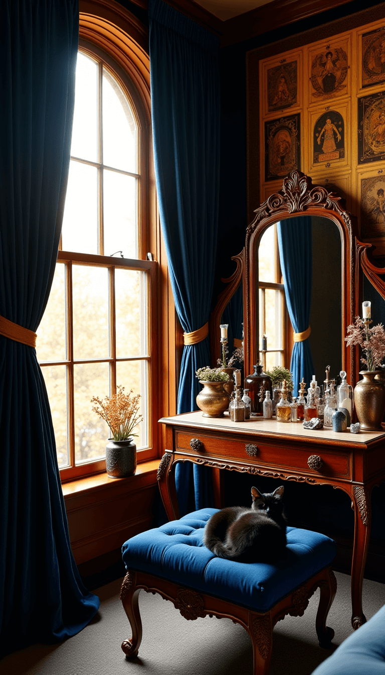 Corner of master bedroom during golden hour featuring midnight blue velvet curtains, carved wooden vanity with potion bottles, crystal points, a black cat on an ottoman, tarot tapestry, and brass vases with dried flowers in a candle-lit setting.