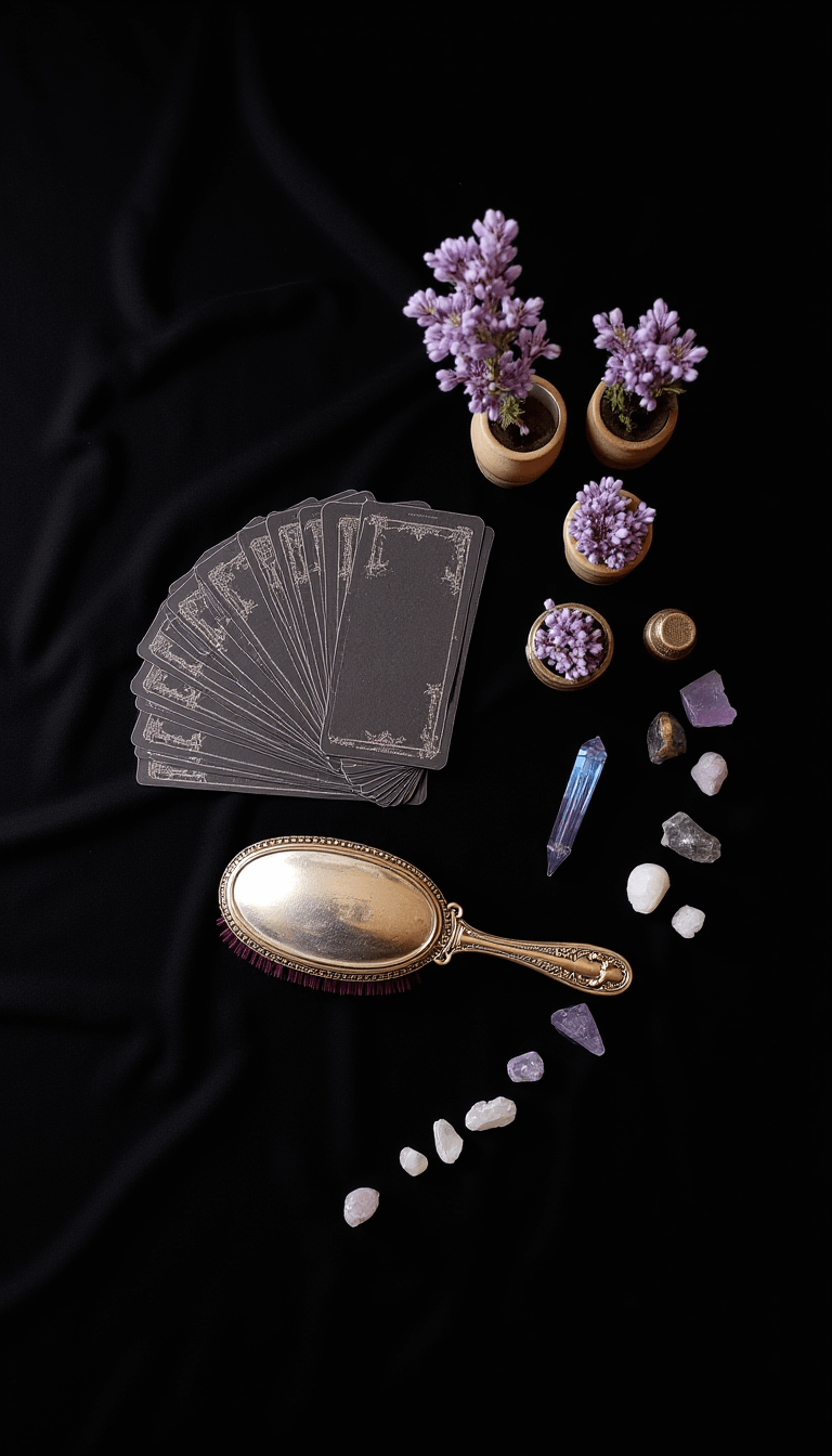 Vintage silver-backed brush set, tarot cards, crystals and antique mirror on black velvet with brass incense holder and purple dried flowers in vases, shot from above with side lighting.