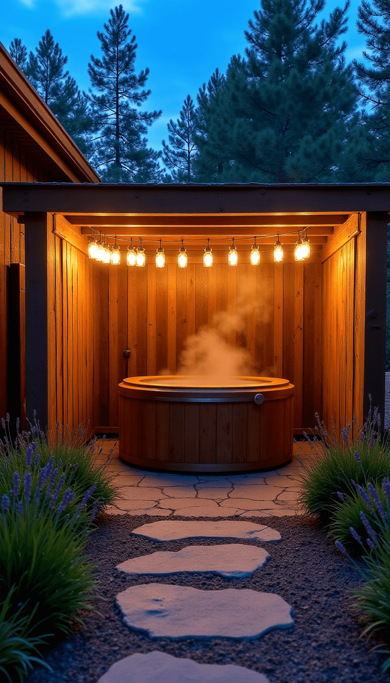 Rustic hot tub area encased in reclaimed barn wood screens and lit by mason jar pendant lights, with native plants and stone paver pathway leading to a 4-person cedar tub during blue hour.
