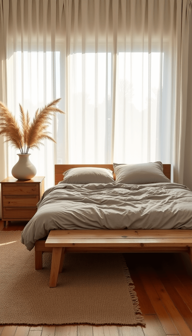 Sunlit, naturally-styled 14x16ft bedroom at dawn with oak bed, stone-grey linen bedding, weathered wooden bench, handwoven jute rug, and dried pampas grass in ceramic vase, all in soft ecru, wheat beige, and dove grey colors.