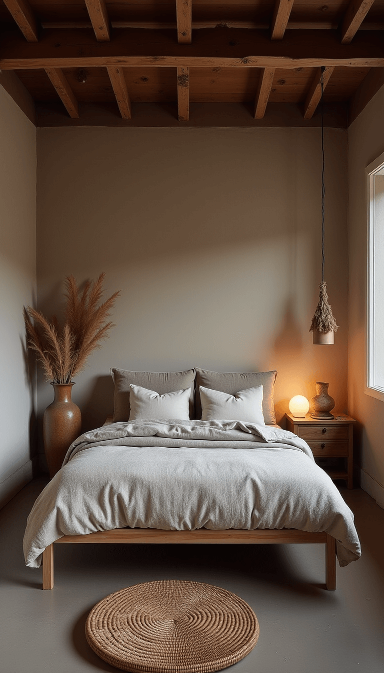 Dusk bedroom with wooden ceiling, wool and linen bedding on low platform bed, lit by ceramic pendant light, bamboo floor cushion, and a copper vessel with dried botanicals in clay white, mushroom grey, and cedar brown colors