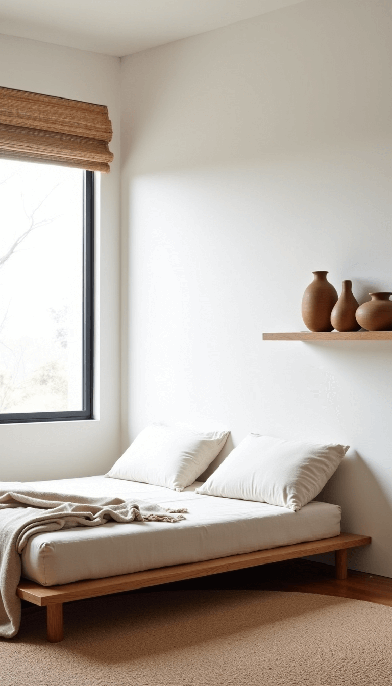 Minimalist 16x18ft bedroom with bare white walls, simple futon-style bed, hand-thrown pottery on reclaimed wood shelf, natural fiber floor mat, and large window with bamboo shade, captured in midday light with a wide-angle lens.