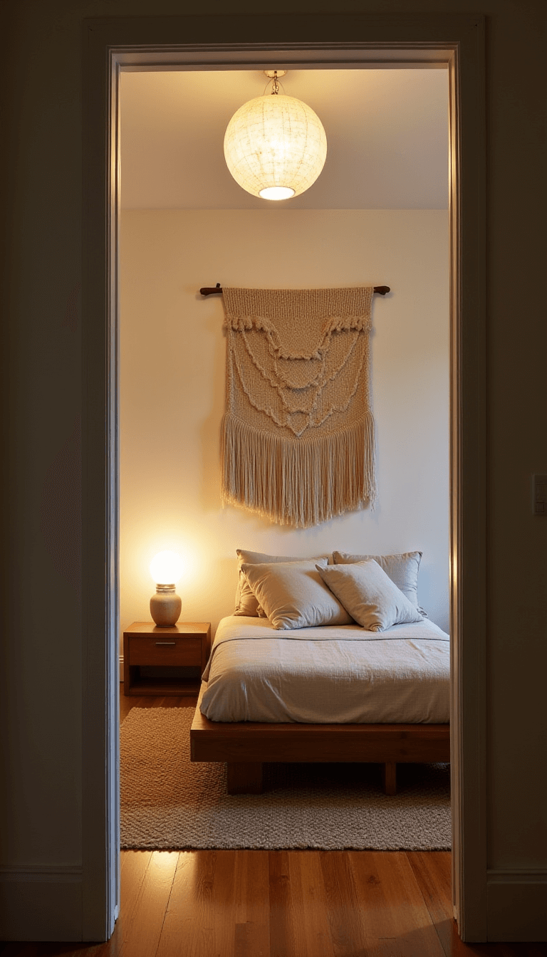Twilight sanctuary bedroom with platform bed on a sisal rug, ceramic table lamp, woven wall hanging, and stack of vintage linen pillows in pearl grey, vanilla cream, and aged timber brown hues, lit softly by paper lanterns.