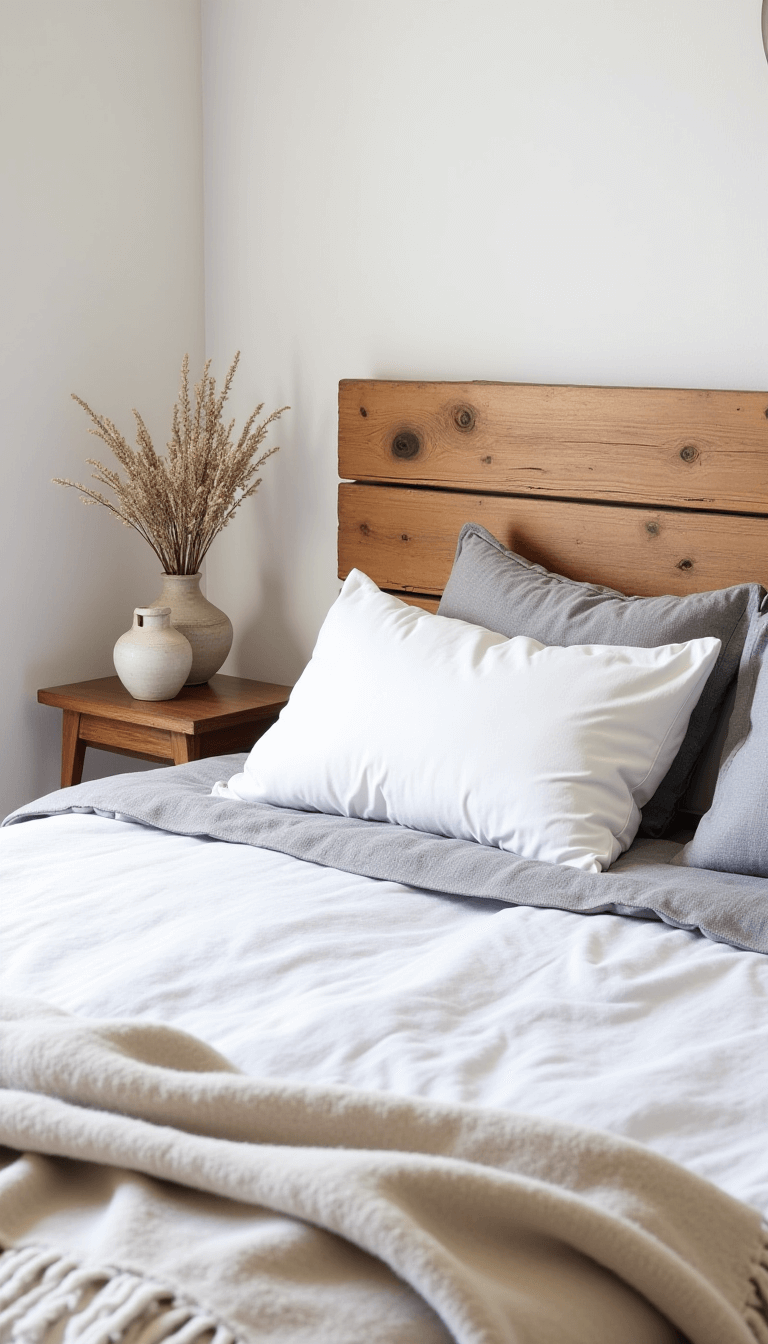 Overhead view of a rustic bedroom with wooden headboard, rumpled grey linen bedding, ceramic vessels with dried seed pods, vintage wool throw, and a patinated copper mirror reflecting the morning light.