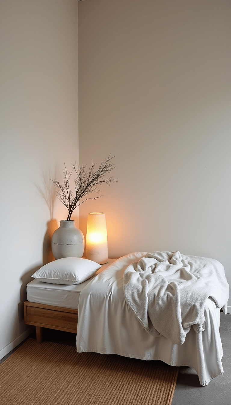 Minimalist bedroom corner with paper lantern, low profile bed on bamboo mat, handwoven wool carpet, ceramic vessel and vintage linen throw in warm white, stone grey, and natural bamboo colors.