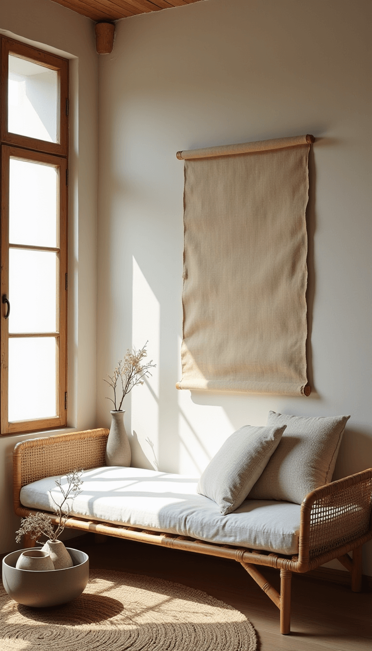 Serene bedroom alcove with geometric shadows on textured walls, rattan daybed, raw cotton and wool textiles, and clay bowls with dried flora at dawn