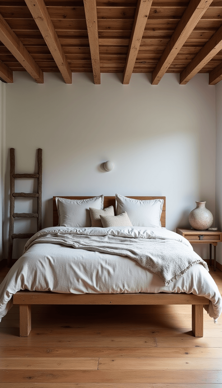 Dawn bedroom scene shot from above in a 16x16ft room, showcasing textured century-old pine platform bed with neutral-toned linen bedding, weathered wooden ladder as a sculptural element, pottery collection, and exposed ceiling joists; colors feature aged pine, raw linen, and fog grey.