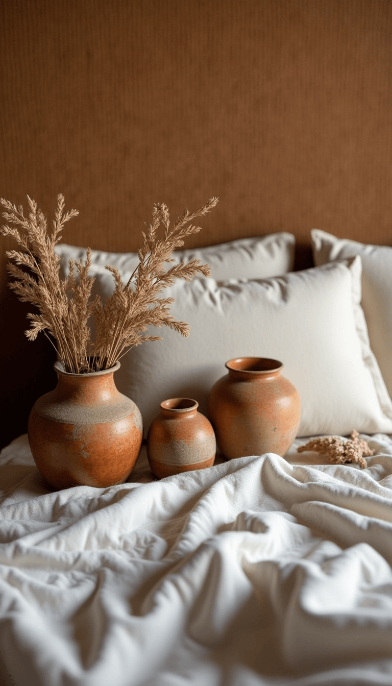 Close-up shot of a naturally textured bedroom at sunset featuring a handwoven headboard, earth toned vintage linen bedding, ceramic vessels with glaze variations, and a dried botanical arrangement in a weathered copper vase on a natural fiber rug