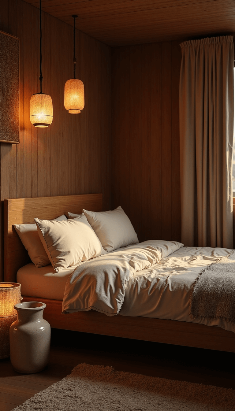 Peaceful 15x18ft bedroom at twilight with soft light from a paper lantern, featuring a low wooden platform bed, layered organic bedding, hand-formed ceramic pendants, and a vintage bamboo screen, shot in bamboo blonde, clay white, and shadow grey colors.