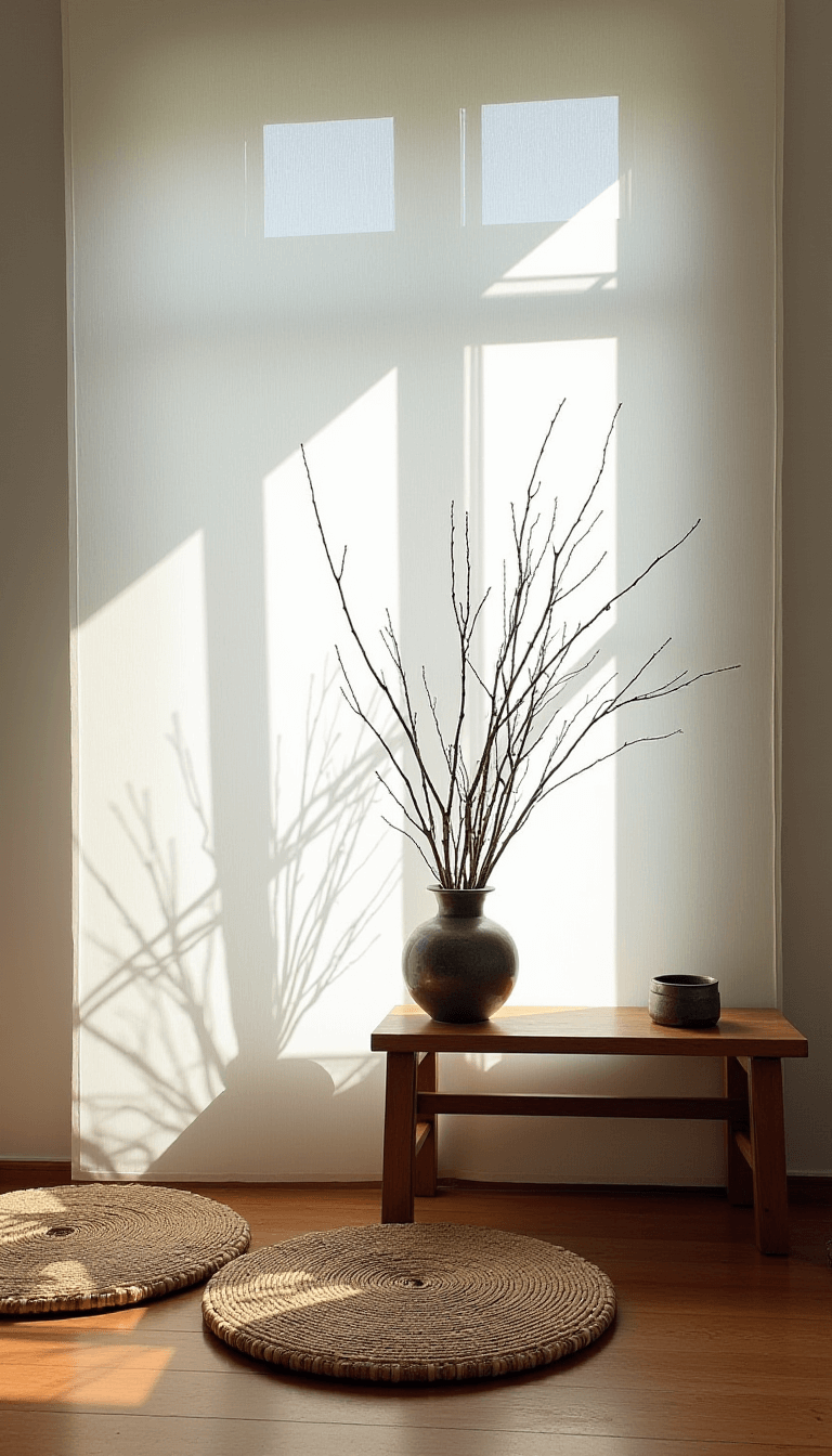 Morning meditation corner in a 12x14ft bedroom with filtered light casting soft shadows through rice paper screens, worn handwoven floor cushions, a simple split-wood altar, ceramic incense holder with intentional crazing, dried branches in a weathered bronze vessel all captured at eye-level.
