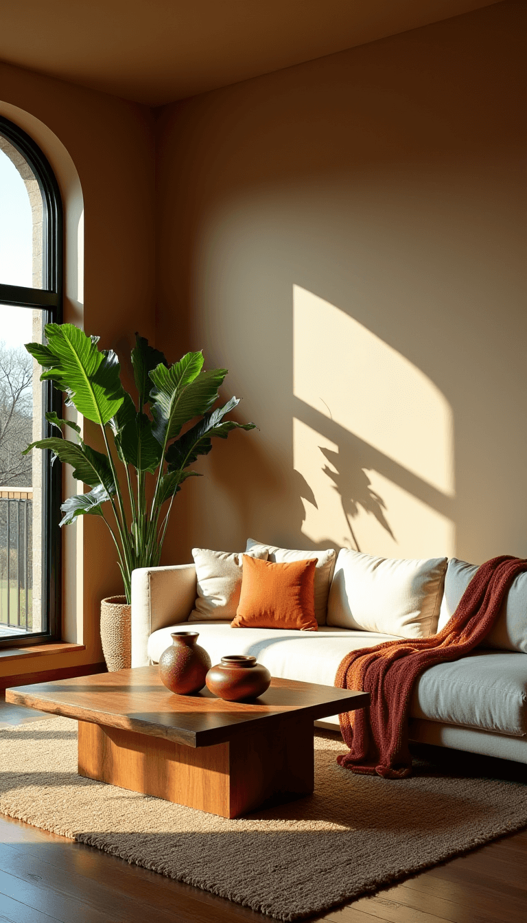 Sunlit 20x16ft living room with an oatmeal linen sofa, walnut coffee table, jute rug and towering Monstera plant, captured at golden hour through a 35mm lens.