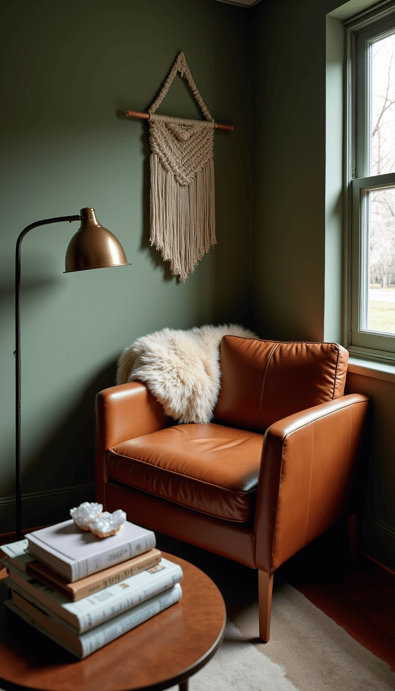 Vintage leather armchair next to a brass floor lamp in a 15x12ft reading nook with sage green accent wall and macramé wall hanging, coffee table with stacked books and geodes, and sheepskin throw; captured in morning light.