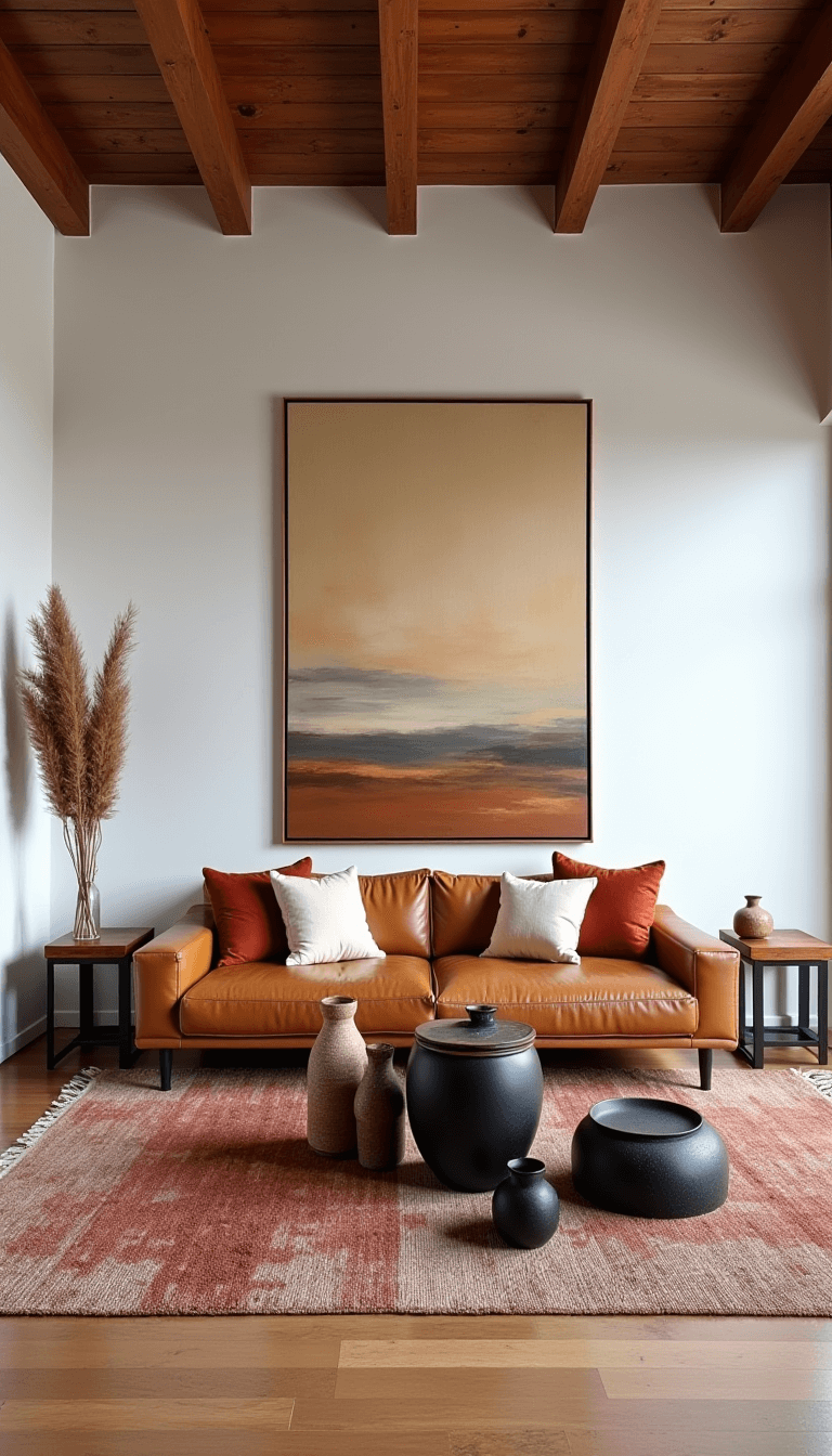 Open-concept living space with low-profile camel leather sofa, teak side tables, oversized abstract landscape artwork, vintage Moroccan rugs, and matte black ceramics with dried pampas grass, in late afternoon light captured at f/5.6.