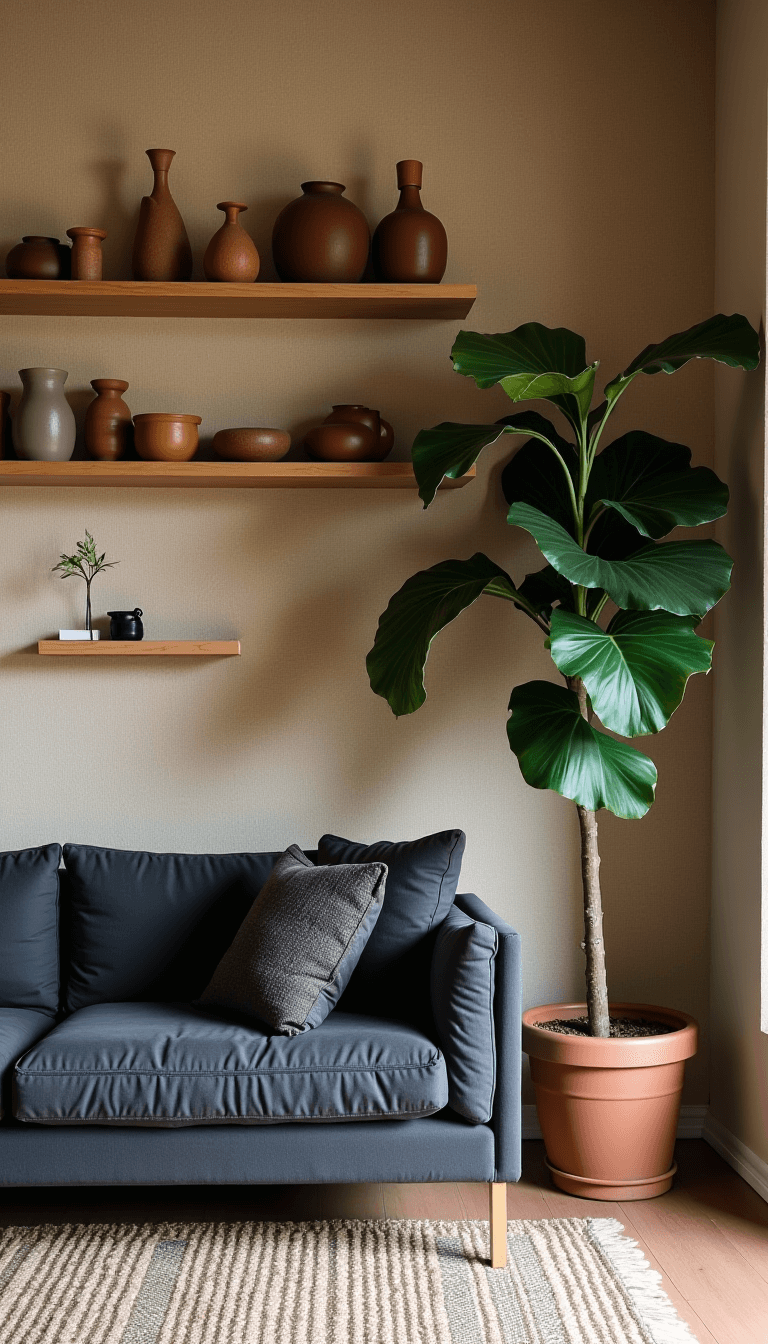 Minimalist living room at dusk featuring charcoal sectional, floating oak shelves with pottery, fiddle leaf fig tree against textured greige grasscloth wallpaper