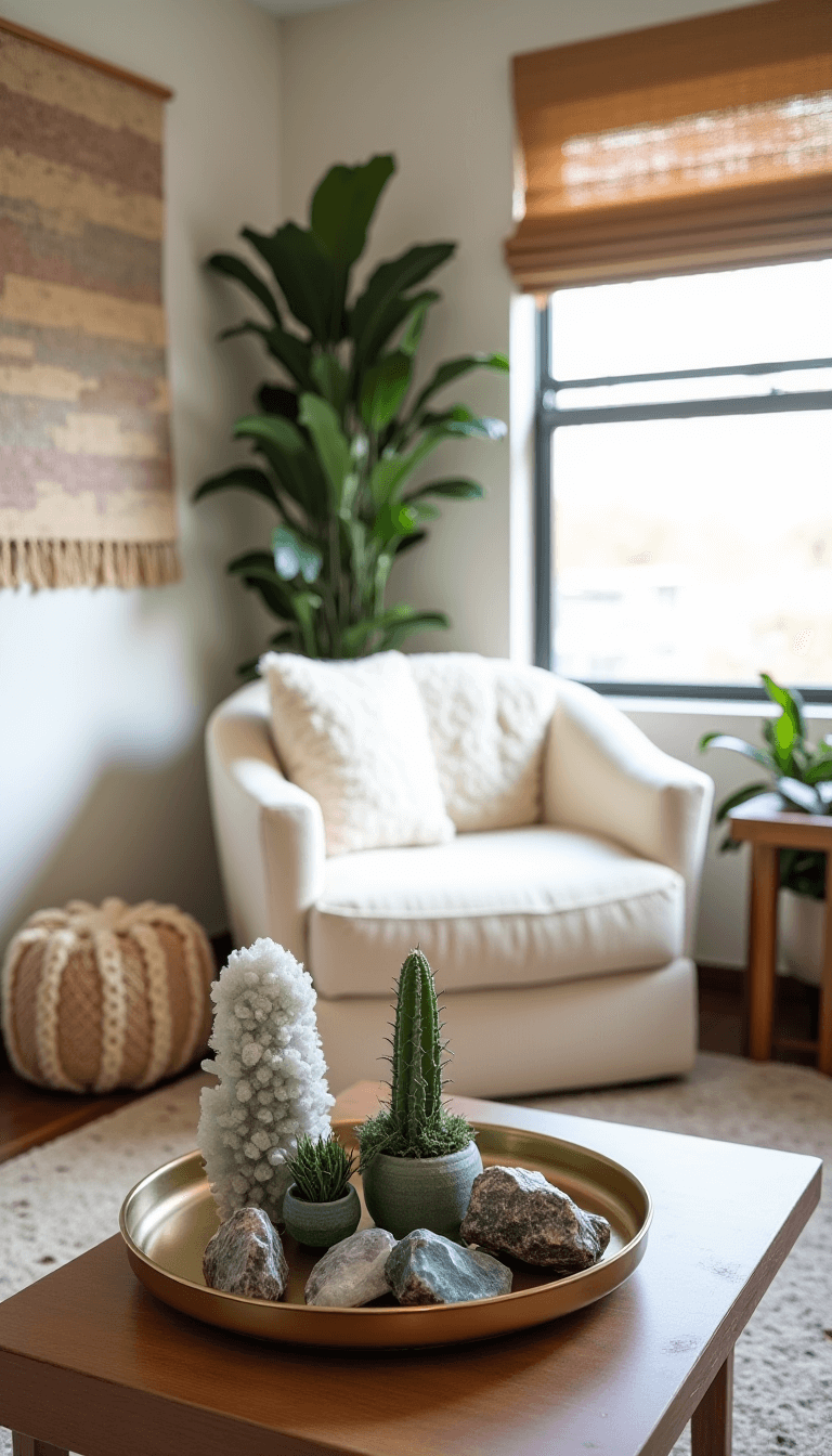 Cozy apartment living room in morning light with ivory bouclé chair, chunky knit pouf, wall tapestry in desert tones, arranged crystals and air plants on brass tray, and natural fiber roman shades