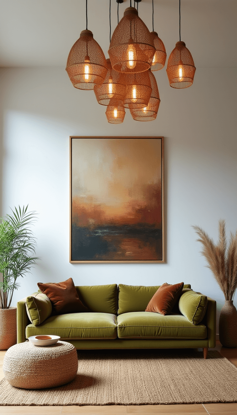 Midday view of a light-filled, spacious living room featuring a large green velvet sofa, earth-toned abstract canvas, rattan pendant lights, and a variety of textural elements including a sisal rug, wooden furniture, and woven baskets.