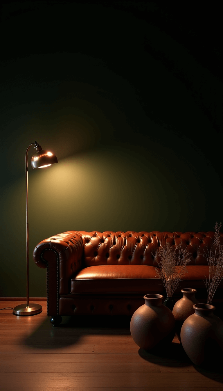 Dramatic twilight scene in a room featuring cognac leather Chesterfield sofa, vintage brass floor lamp casting warm light, array of earthenware vessels, and dried botanical arrangement against dark olive wall captured at 50mm f/1.8 for moody ambiance.