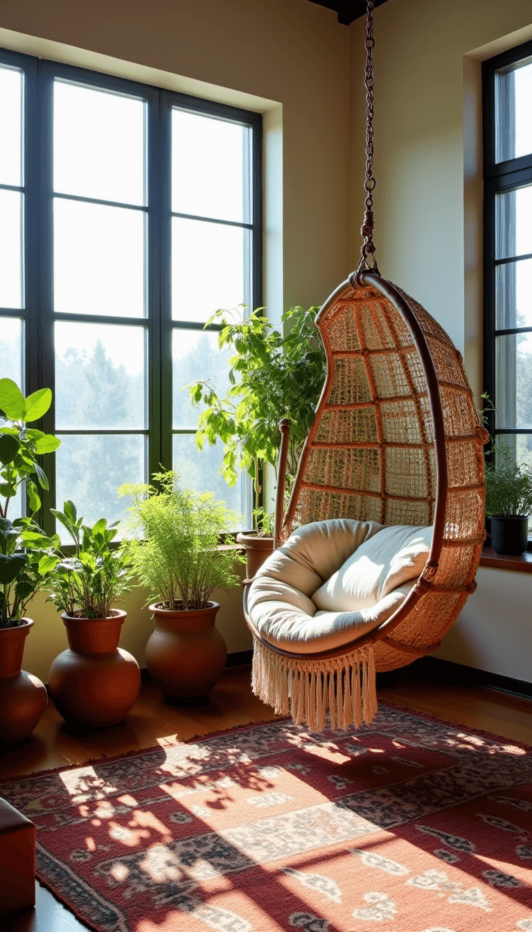 Bohemian living space with natural rattan hanging chair, vintage kilims, handmade ceramic planters, and textured pillows in golden hour lighting