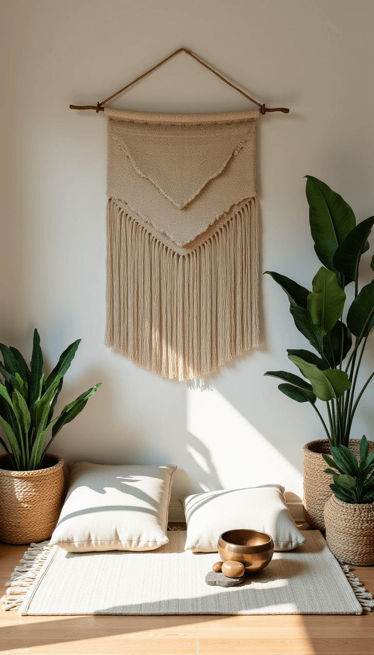 Meditation corner with linen floor cushions, potted palms, snake plants, handwoven wall hanging, brass singing bowls and stone accessories, bathed in soft morning light