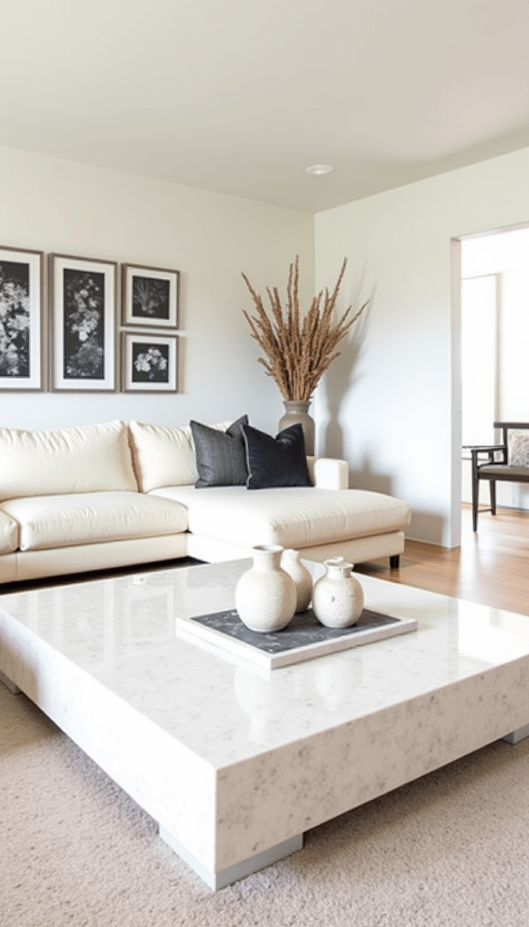Contemporary great room featuring a cream bouclé sectional, travertine coffee table, gallery wall of nature photographs, and ceramic floor vases with dried botanicals