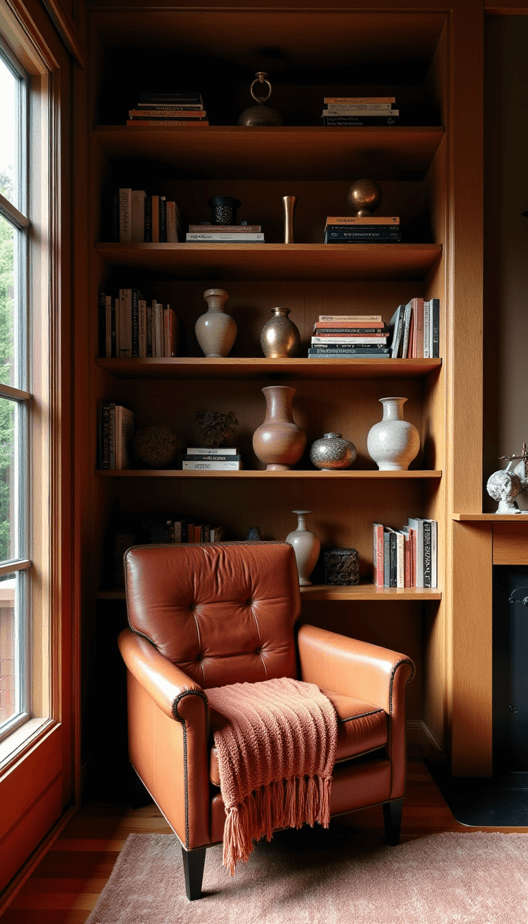 Vintage leather armchair in a cozy 14x12ft reading nook with built-in oak shelving, earthenware vessels, brass objects, a woolen throw blanket, and afternoon light.