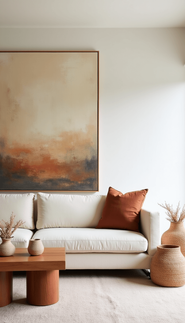 Light-filled 20x18ft living space featuring an oatmeal linen sectional with mud cloth pillows, an oversized abstract painting in desert tones, and a collection of woven baskets and ceramic vessels