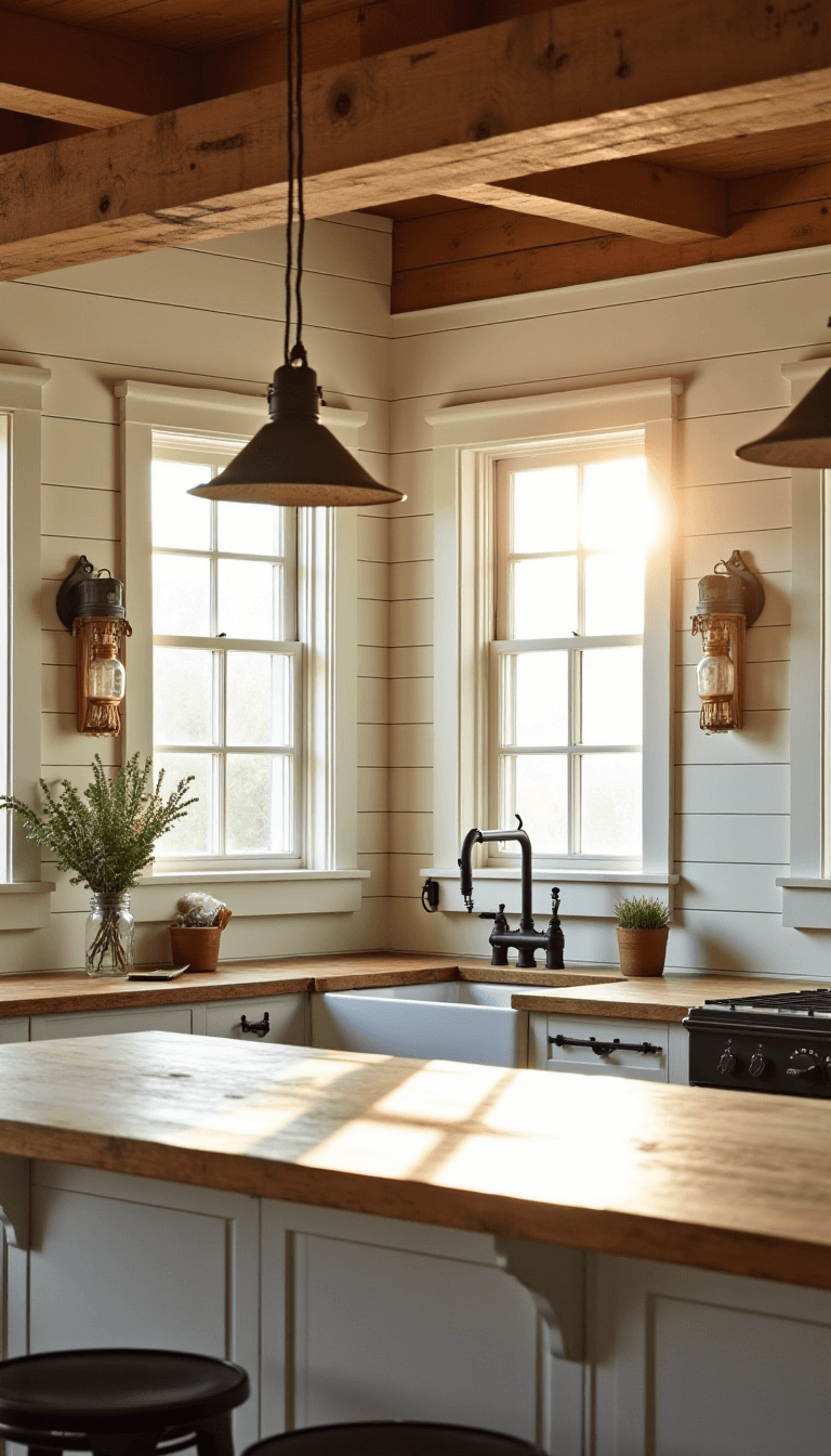 Sunny farmhouse kitchen with pendant lights over a weathered oak island, mullioned windows casting shadows on shiplap walls, and vintage mason jar sconces near a farmhouse sink