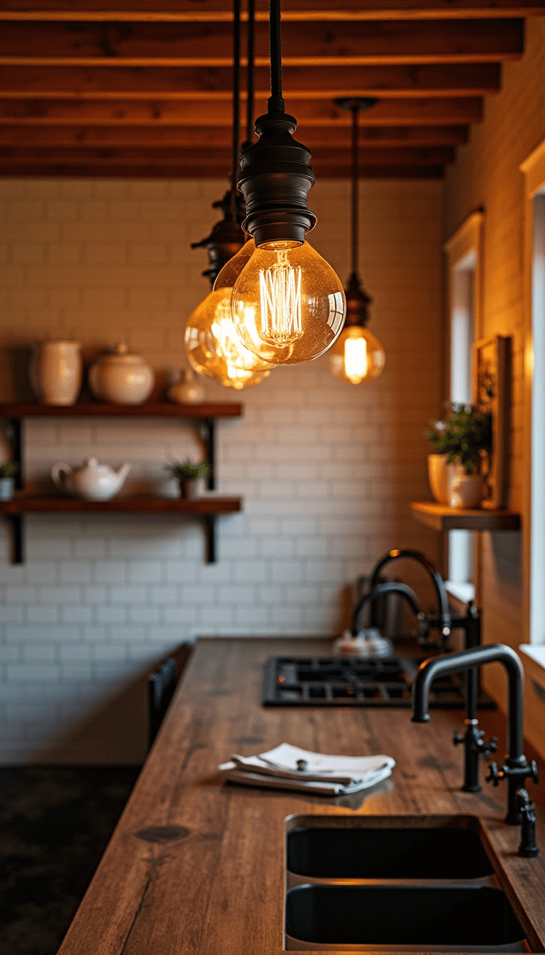 Cozy galley kitchen illuminated by iron and wood chandeliers with Edison bulbs, highlighting reclaimed barn wood shelving and ironstone pottery, set against white subway tile backsplash with matte black hardware and dark bronze fixtures.