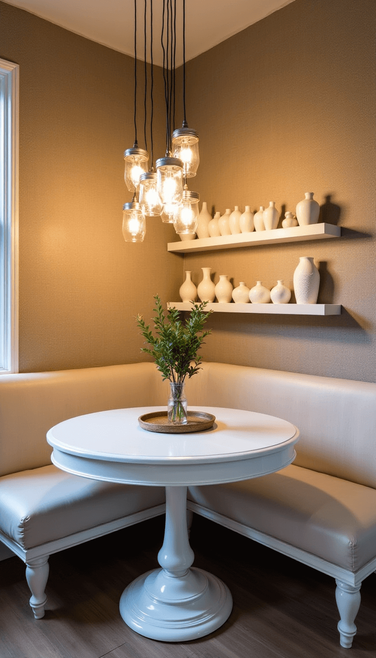 Dusk-lit breakfast nook with mason jar pendant light cluster over antiqued white pedestal table with a vintage milk glass collection on open shelves, taken from a high 45-degree angle.