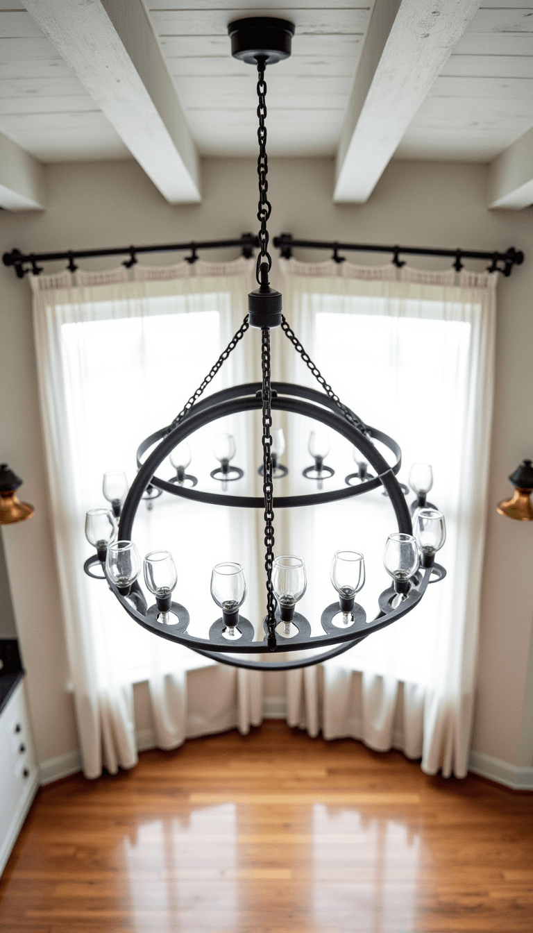 Overhead view of an open-concept kitchen with wrought iron chandelier, industrial-style sconces, and whitewashed ceiling beams, lit by morning light through linen cafe curtains.